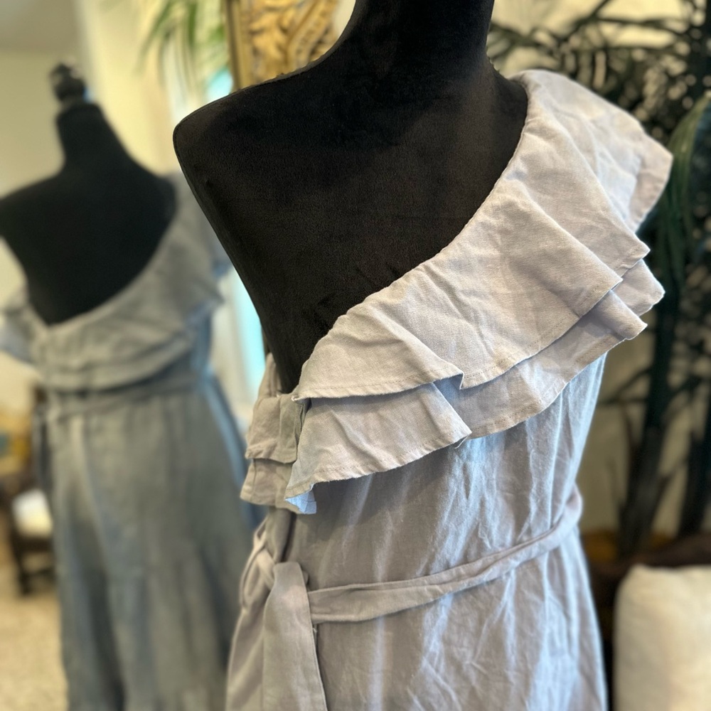 Nicole Miller One-Shoulder Ruffle Dress in Light Blue L 100% Linen